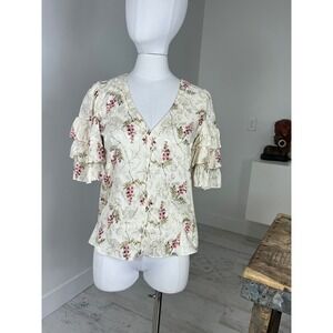 Rebecca Taylor Silk Floral Ruffle Sleeve Blouse Cream Pink V-Neck Top Size 4